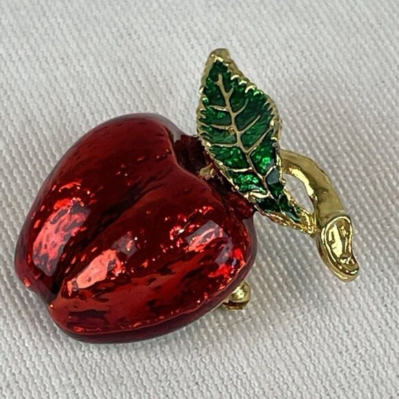 Vintage Apple Brooch Gold Tone Red Green Enamel Gloss Coated Pin Fruit Teacher - Picture 4 of 7